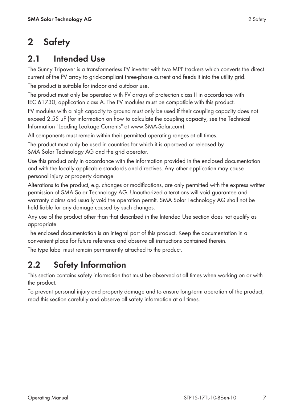 2 safety, 1 intended use, 2 safety information | Safety, Intended use, Safety information, 2safety | SMA STP 15000TL User Manual | Page 7 / 60