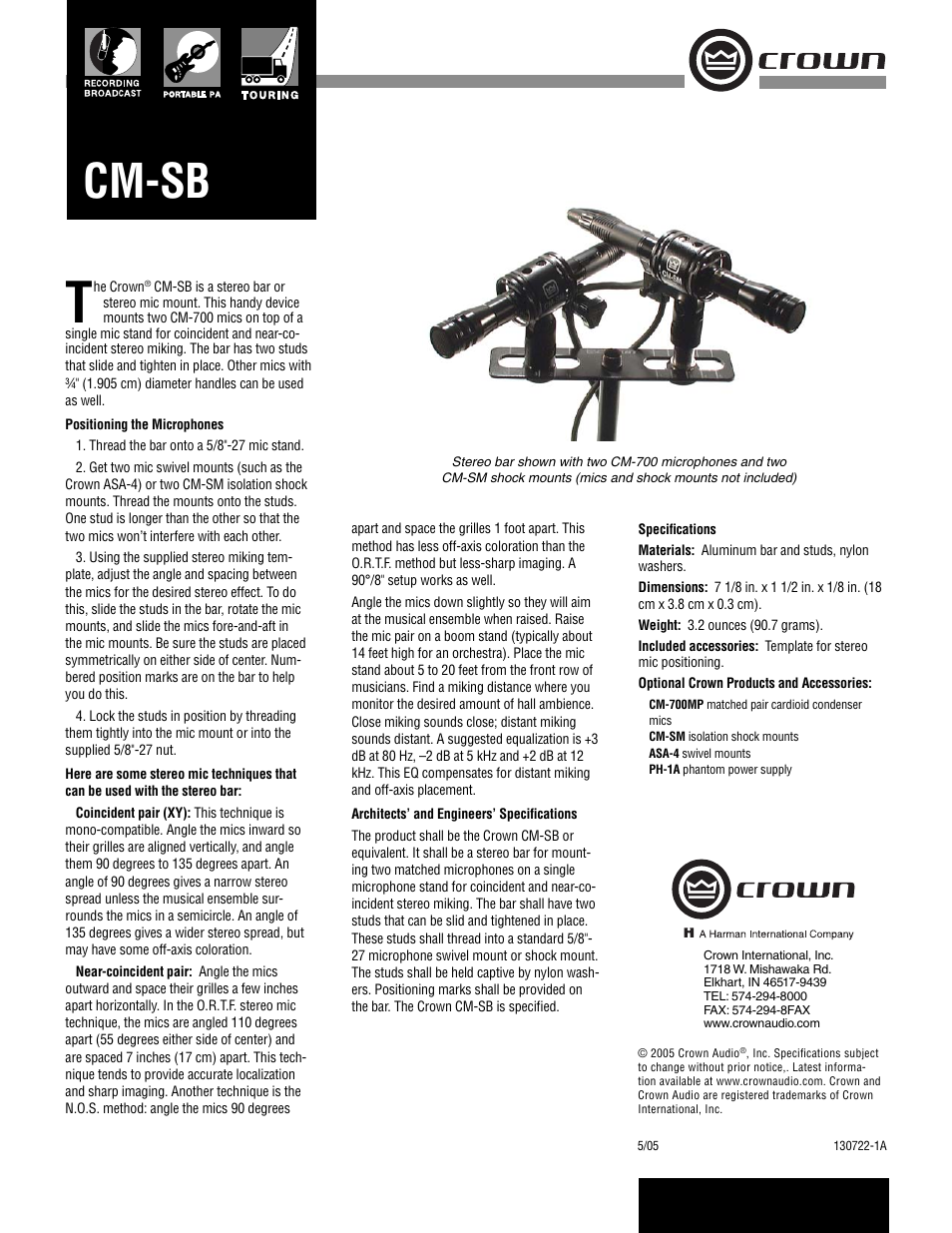 Crown Audio CM-SB User Manual | 1 page
