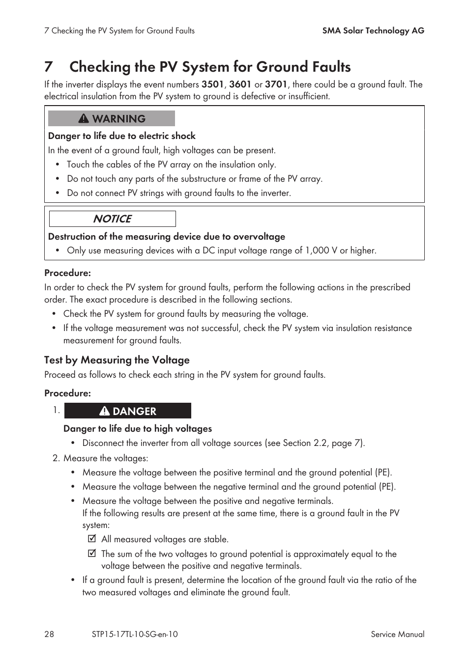 7 checking the pv system for ground faults, Checking the pv system for ground faults, 7checking the pv system for ground faults | SMA STP 15000TL Service Manual User Manual | Page 28 / 46