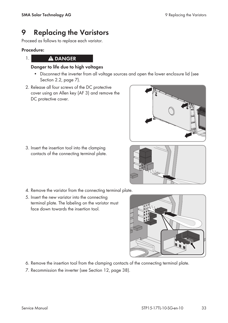 9 replacing the varistors, Replacing the varistors, 9replacing the varistors | SMA STP 15000TL Service Manual User Manual | Page 33 / 46