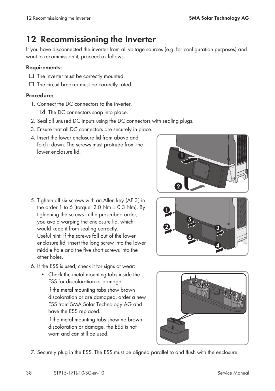 12 recommissioning the inverter | SMA STP 15000TL Service Manual User Manual | Page 38 / 46