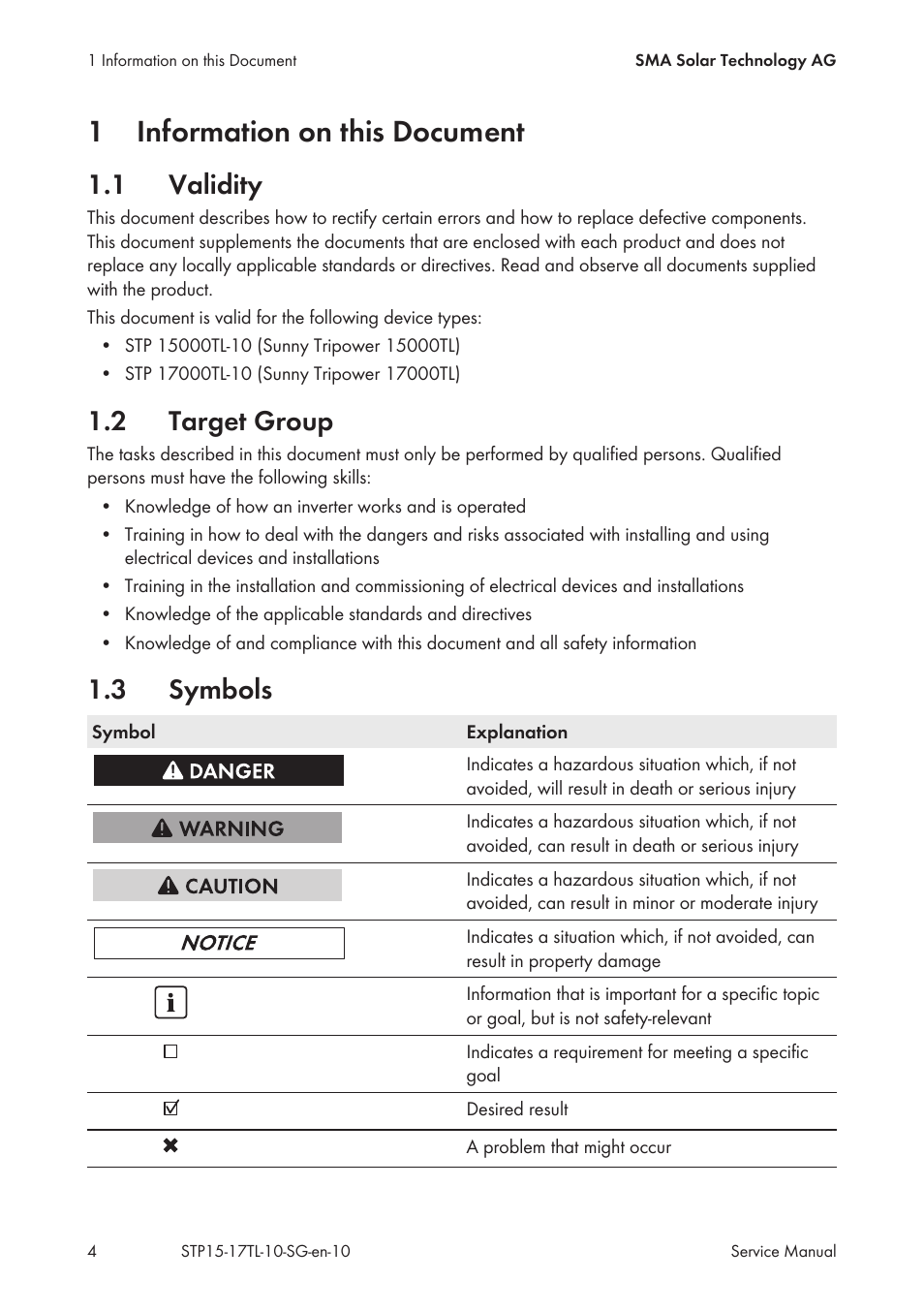 1 information on this document, 1 validity, 2 target group | 3 symbols, Information on this document, Validity, Target group, Symbols, 1information on this document | SMA STP 15000TL Service Manual User Manual | Page 4 / 46