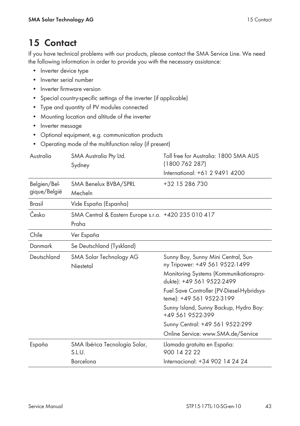 15 contact, See section 15 | SMA STP 15000TL Service Manual User Manual | Page 43 / 46