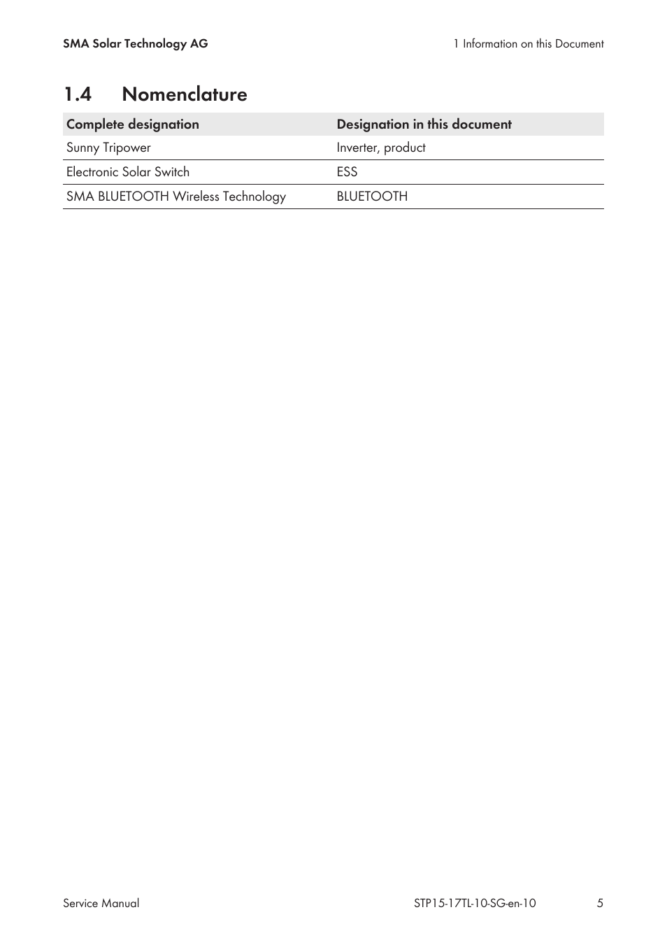 4 nomenclature, Nomenclature | SMA STP 15000TL Service Manual User Manual | Page 5 / 46