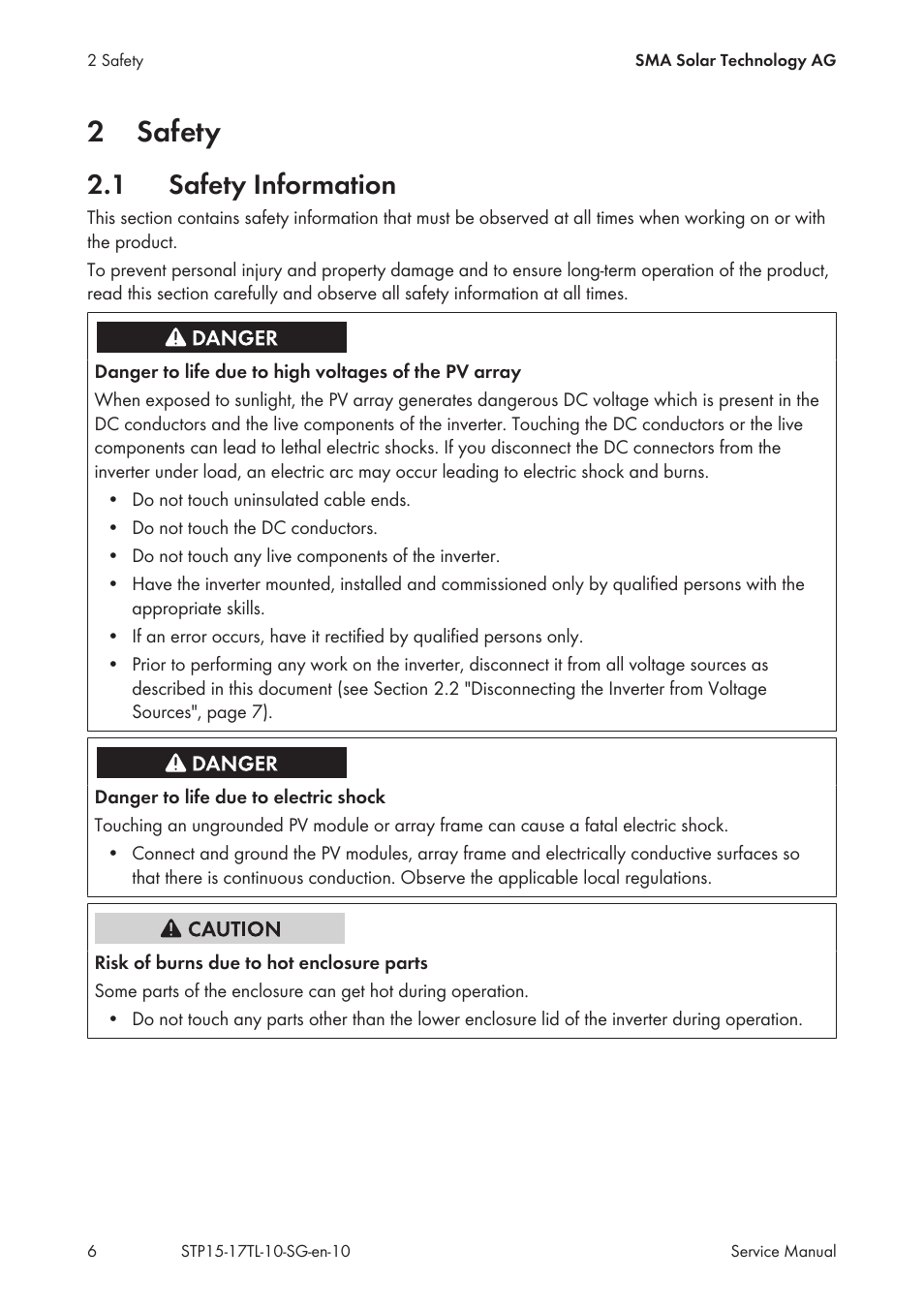 2 safety, 1 safety information, Safety | Safety information, 2safety | SMA STP 15000TL Service Manual User Manual | Page 6 / 46