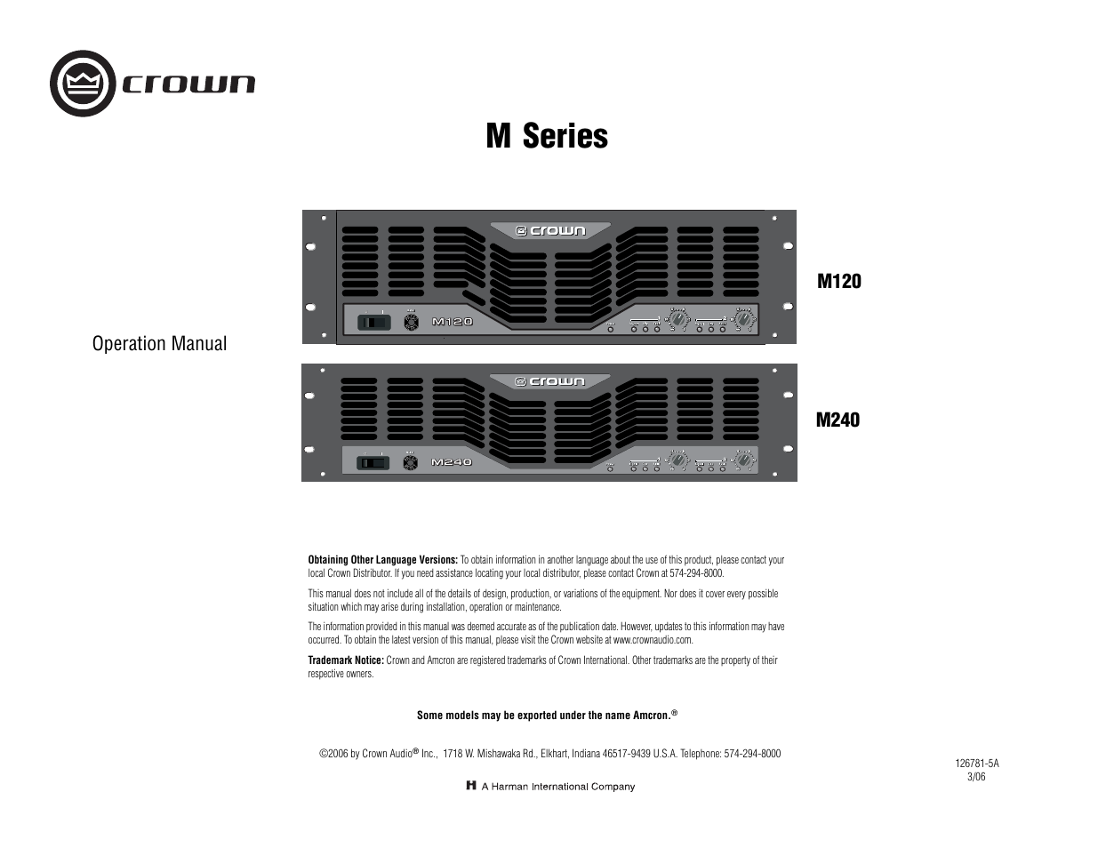 Crown Audio M Series User Manual | 28 pages