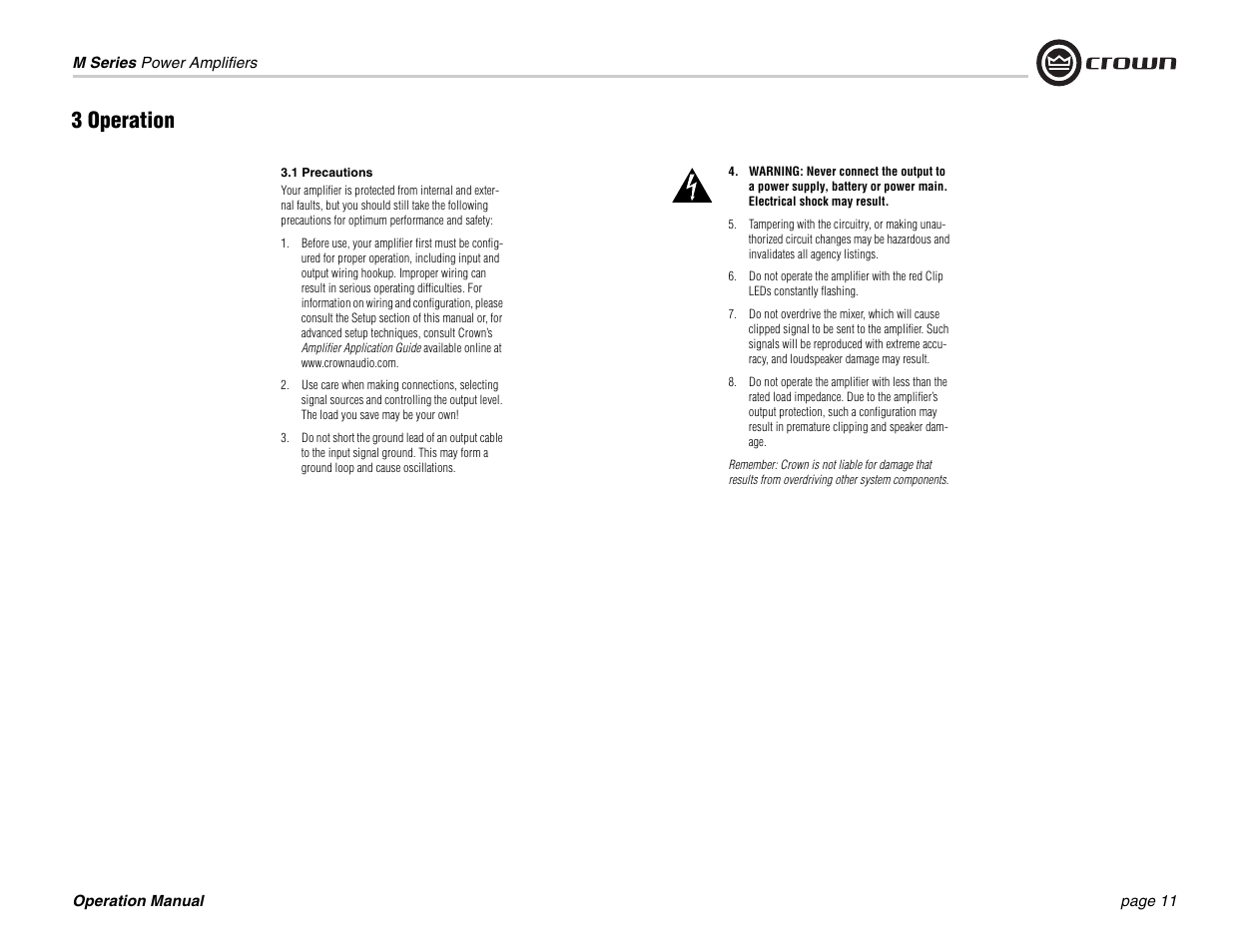3 operation | Crown Audio M Series User Manual | Page 11 / 28