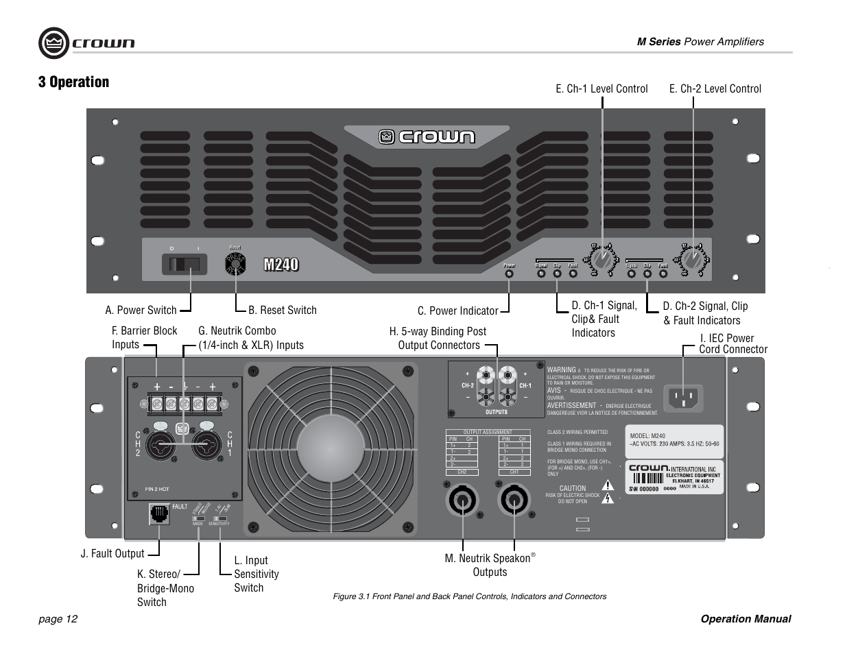 3 operation, I. iec power cord connector, H. 5-way binding post output connectors | Operation manual m series power amplifiers page 12 | Crown Audio M Series User Manual | Page 12 / 28