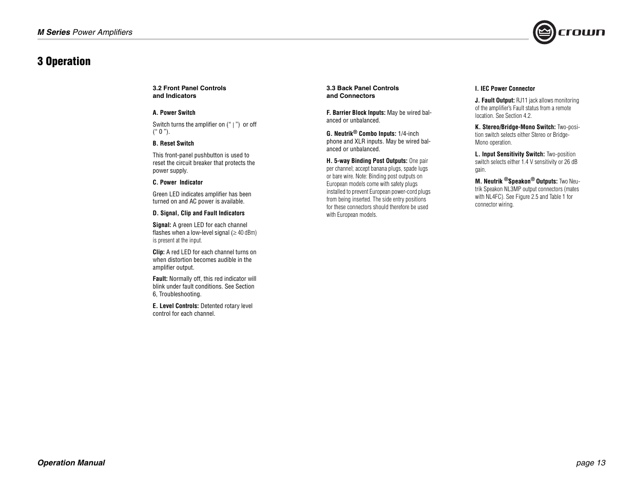 3 operation | Crown Audio M Series User Manual | Page 13 / 28