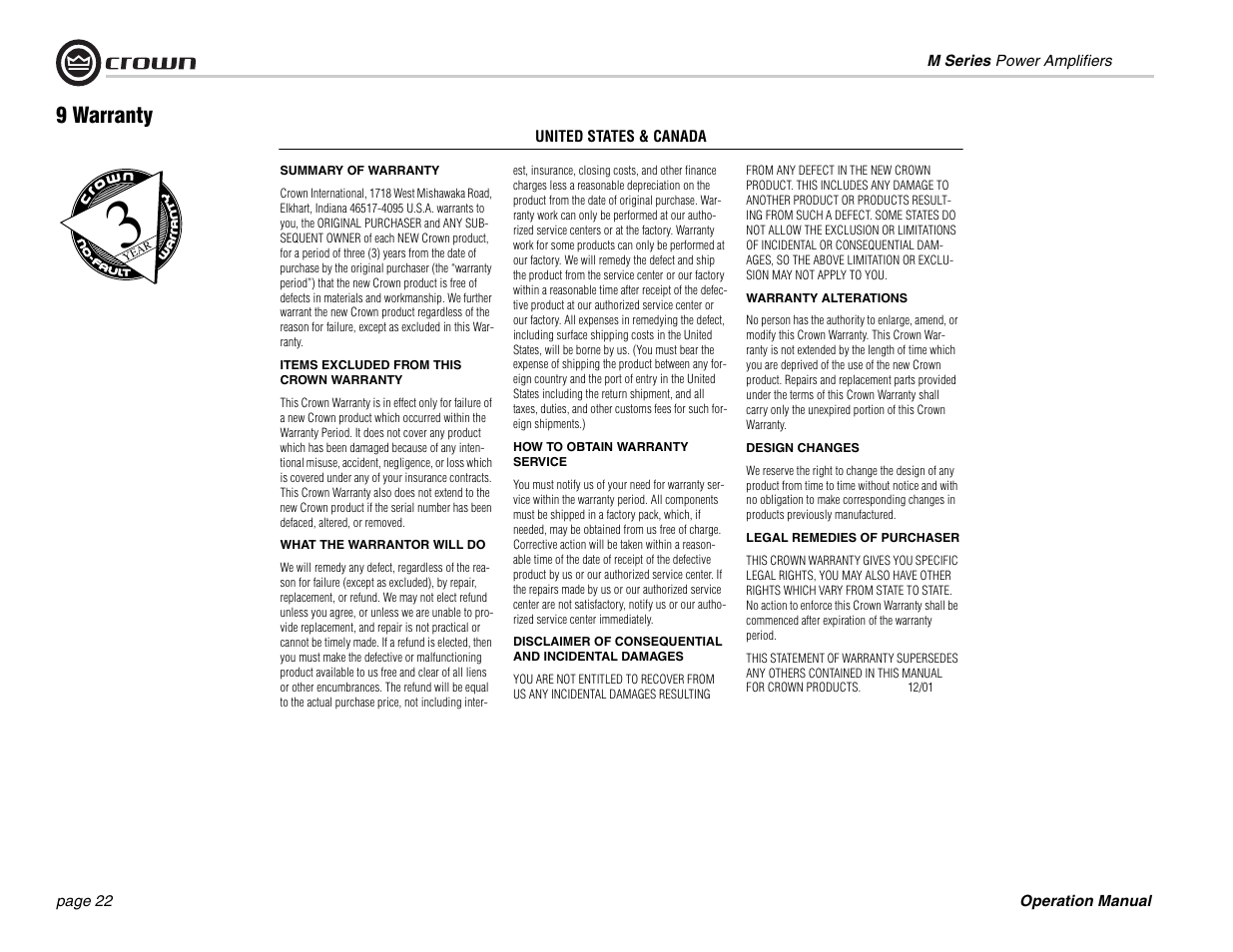 9 warranty | Crown Audio M Series User Manual | Page 22 / 28