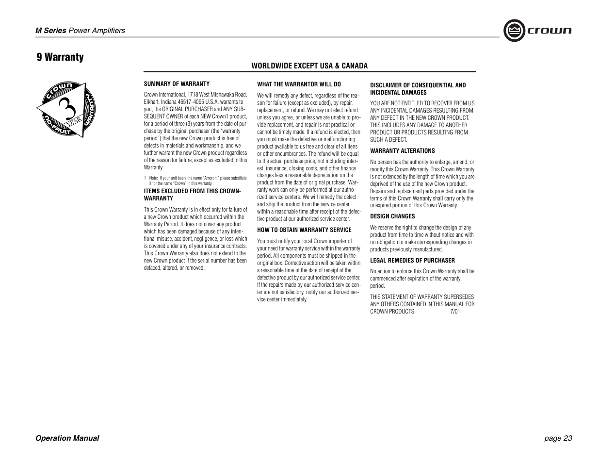 9 warranty | Crown Audio M Series User Manual | Page 23 / 28