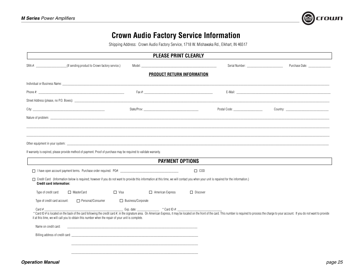 Crown audio factory service information | Crown Audio M Series User Manual | Page 25 / 28