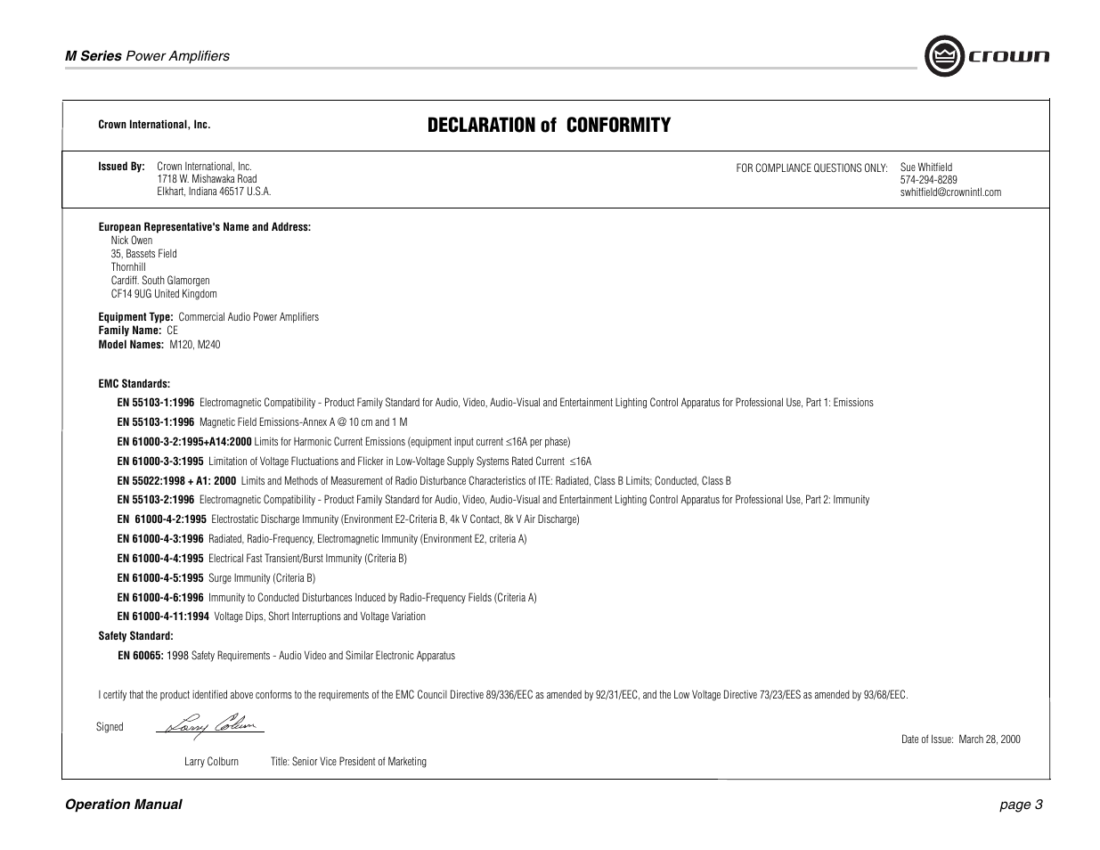 Declaration of conformity | Crown Audio M Series User Manual | Page 3 / 28