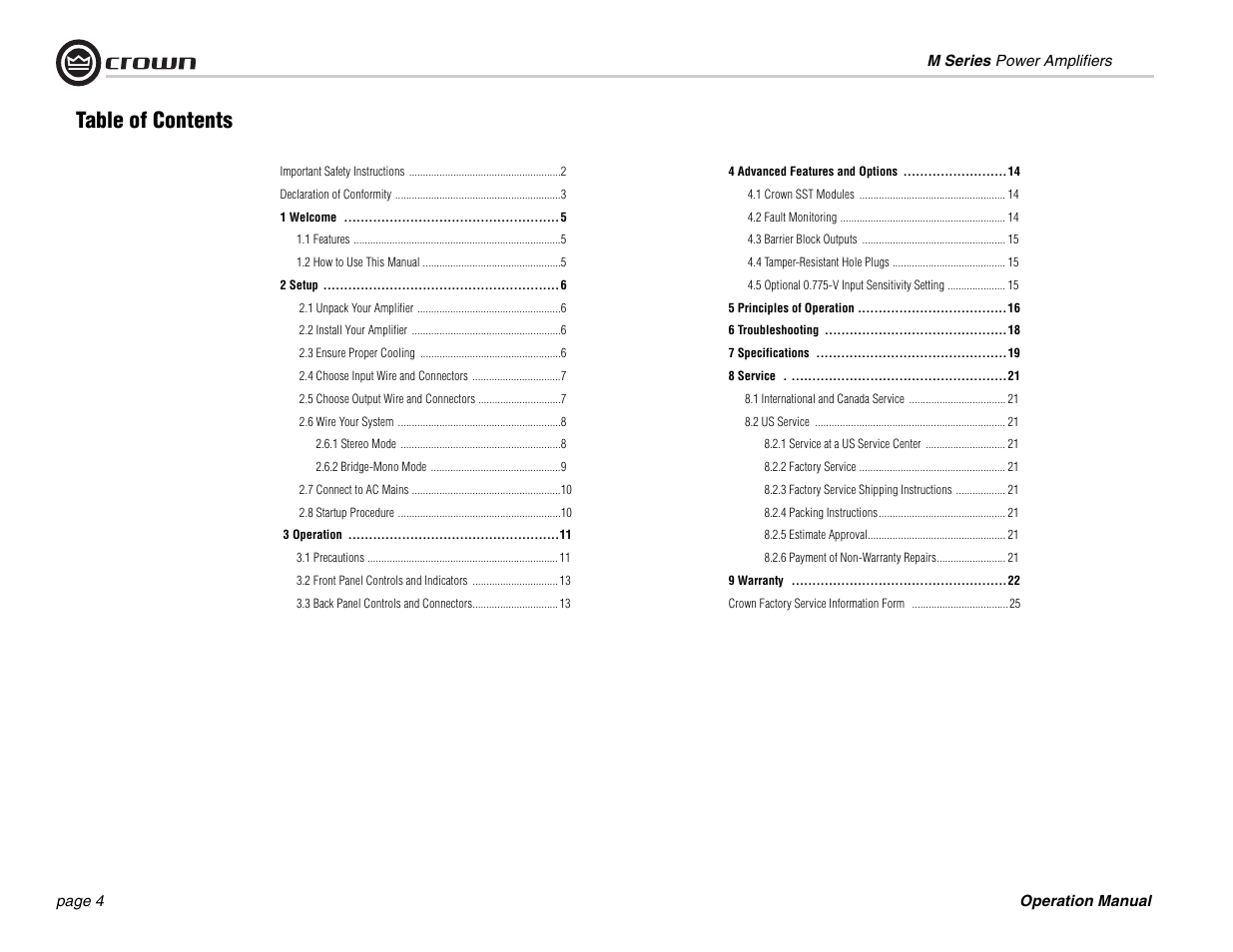 Crown Audio M Series User Manual | Page 4 / 28