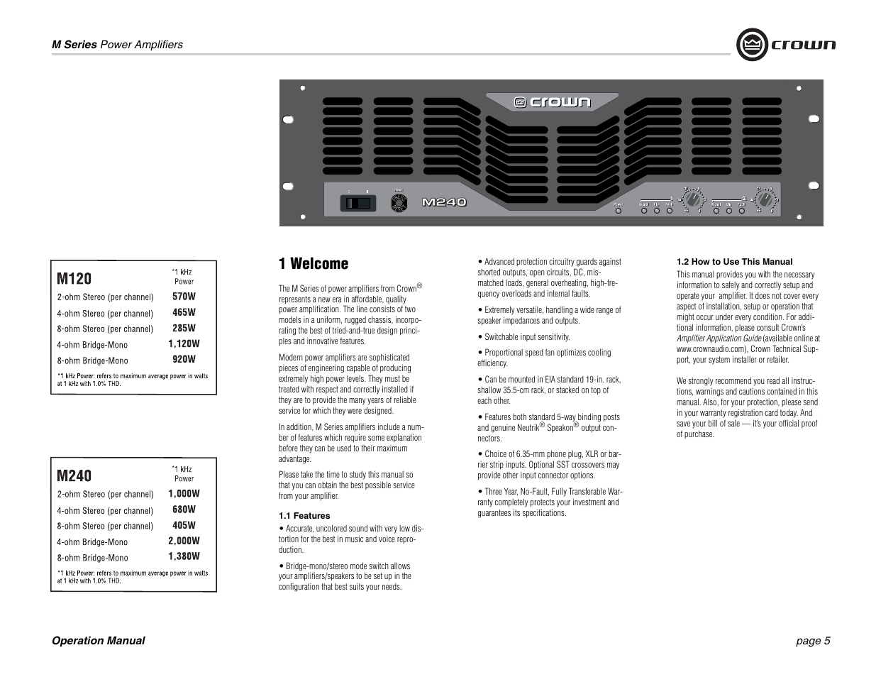 1 welcome | Crown Audio M Series User Manual | Page 5 / 28