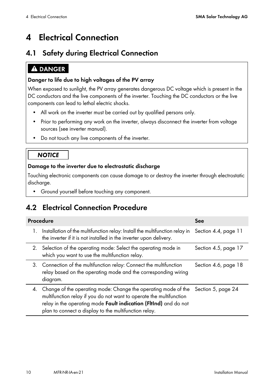 4 electrical connection, 1 safety during electrical connection, 2 electrical connection procedure | SMA MULTIFUNCTION RELAY User Manual | Page 10 / 32