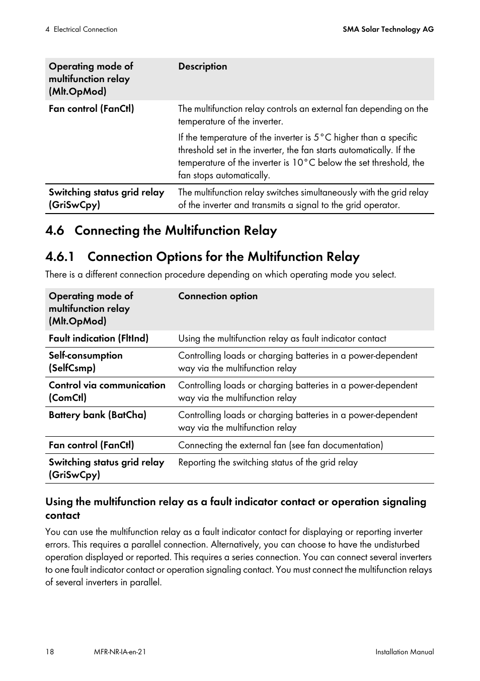 6 connecting the multifunction relay, 1 connection options for the multifunction relay | SMA MULTIFUNCTION RELAY User Manual | Page 18 / 32