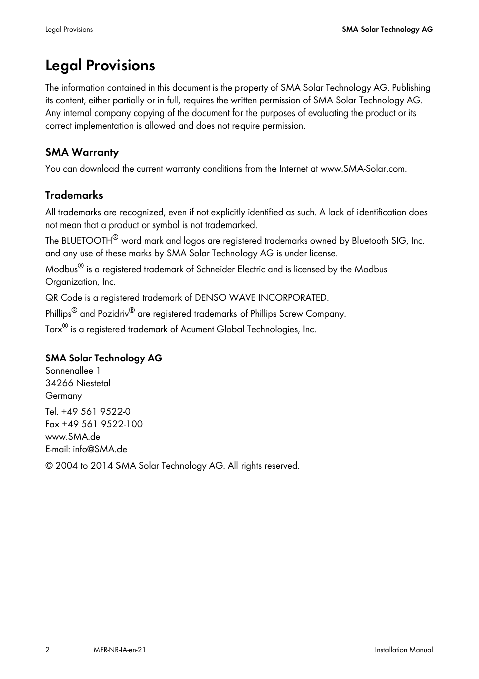 Legal provisions | SMA MULTIFUNCTION RELAY User Manual | Page 2 / 32