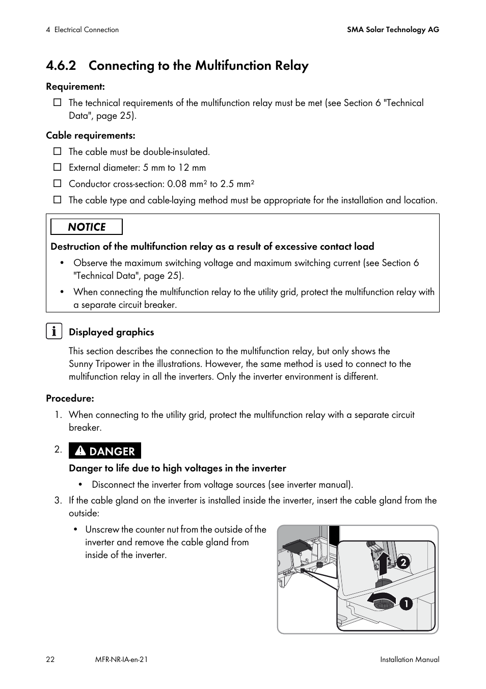 2 connecting to the multifunction relay | SMA MULTIFUNCTION RELAY User Manual | Page 22 / 32