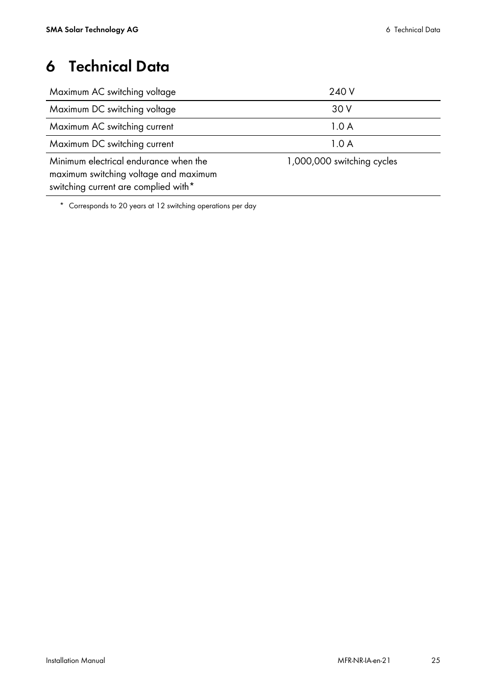 6 technical data, See section 6 "technical, Rrent (see section 6 | SMA MULTIFUNCTION RELAY User Manual | Page 25 / 32