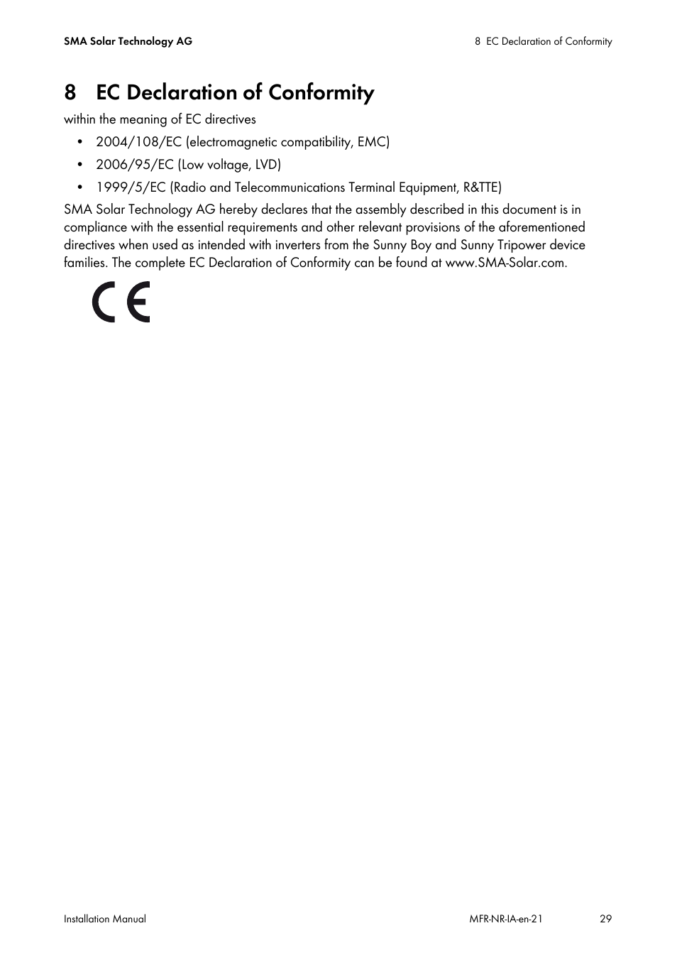 8 ec declaration of conformity | SMA MULTIFUNCTION RELAY User Manual | Page 29 / 32