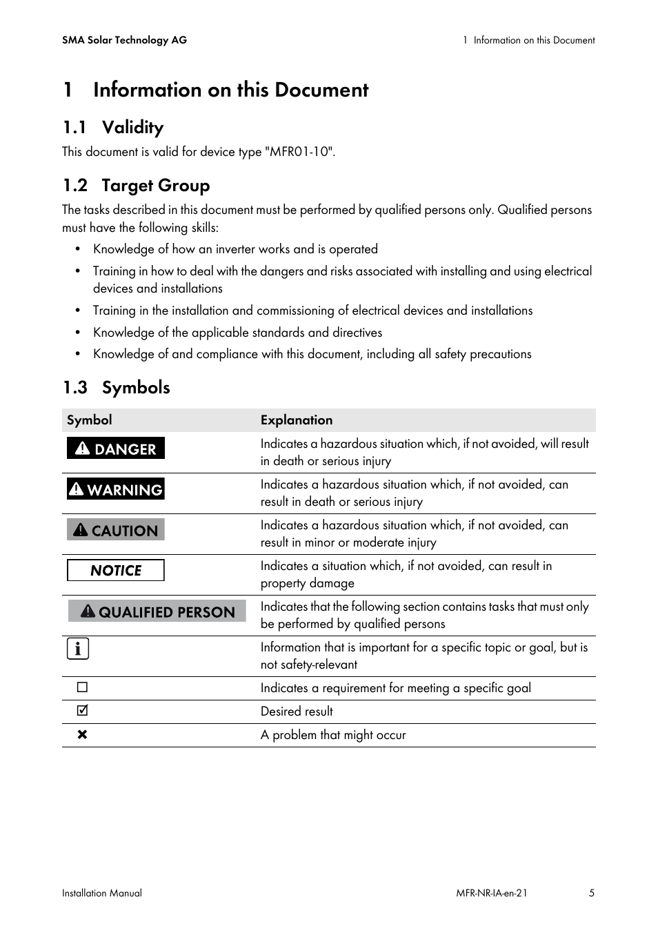 1 information on this document, 1 validity, 2 target group | 3 symbols, 1 validity 1.2 target group 1.3 symbols | SMA MULTIFUNCTION RELAY User Manual | Page 5 / 32