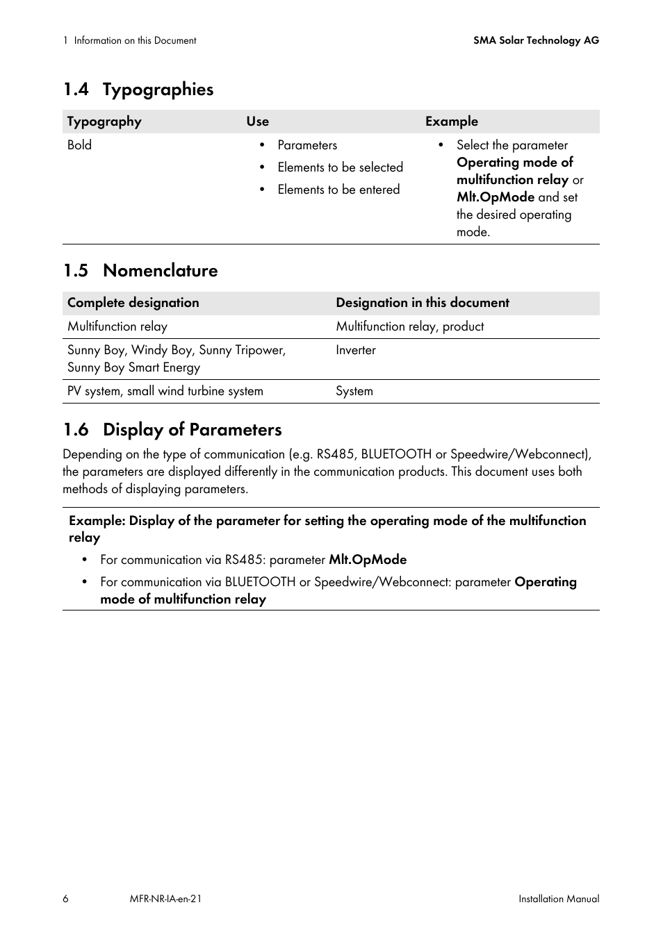 4 typographies, 5 nomenclature, 6 display of parameters | SMA MULTIFUNCTION RELAY User Manual | Page 6 / 32