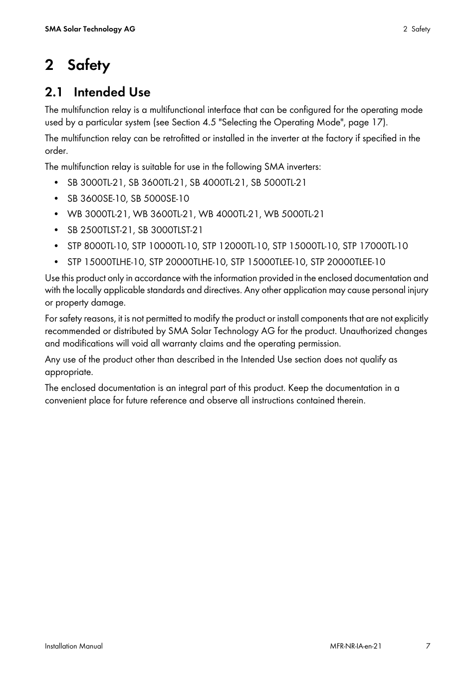 2 safety, 1 intended use | SMA MULTIFUNCTION RELAY User Manual | Page 7 / 32