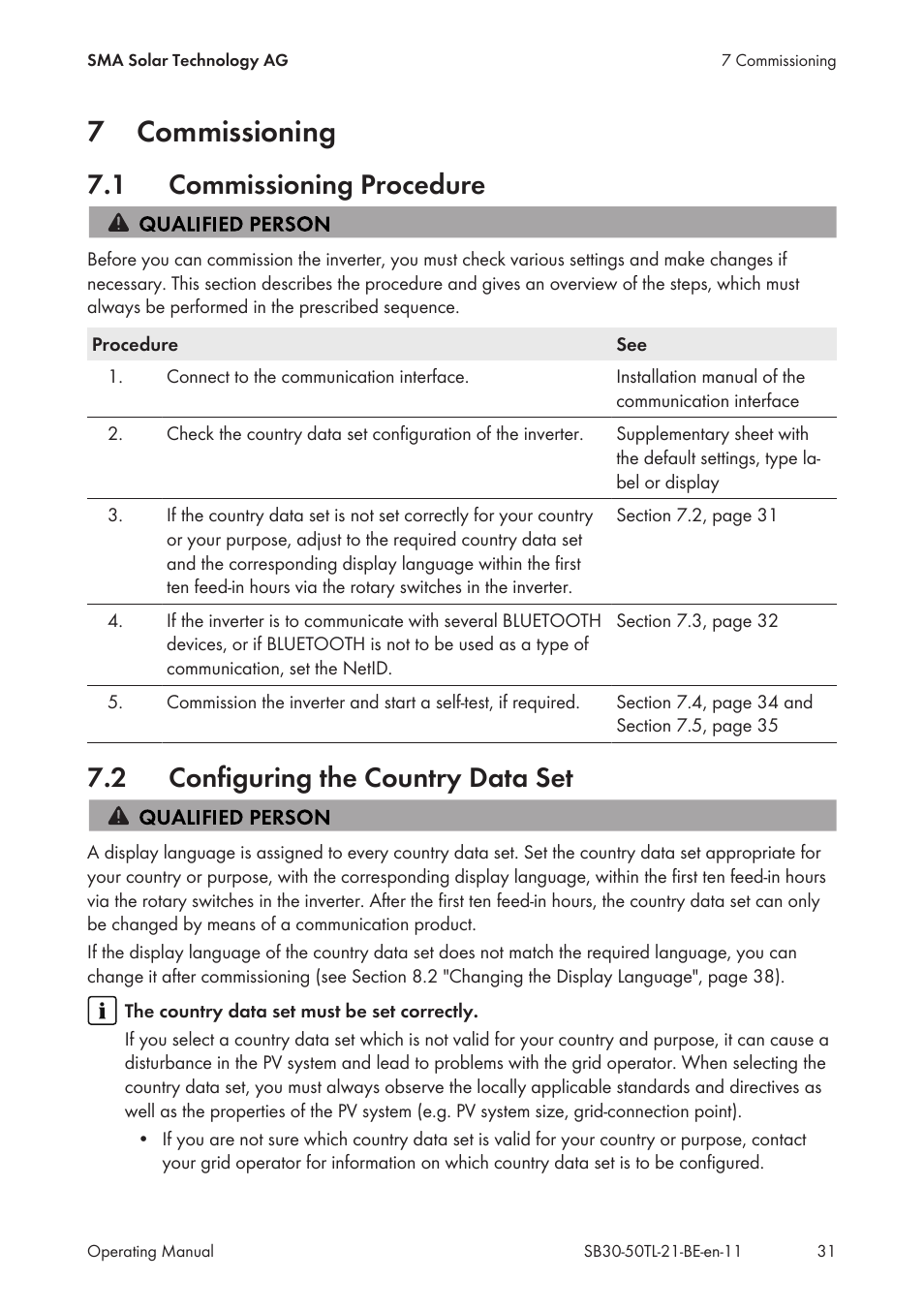 7 commissioning, 1 commissioning procedure, 2 configuring the country data set | Commissioning, Commissioning procedure, Configuring the country data set, 7commissioning | SMA SB 3000TL User Manual | Page 31 / 60