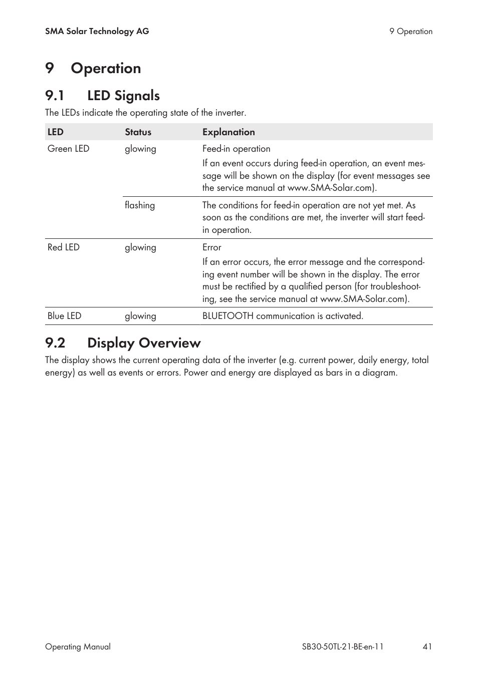 9 operation, 1 led signals, 2 display overview | Operation, Led signals, Display overview, 9operation | SMA SB 3000TL User Manual | Page 41 / 60