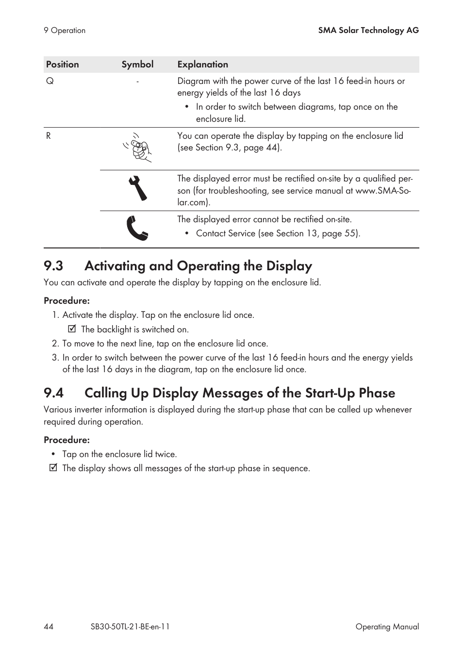 3 activating and operating the display, Activating and operating the display, Calling up display messages of the start-up phase | SMA SB 3000TL User Manual | Page 44 / 60