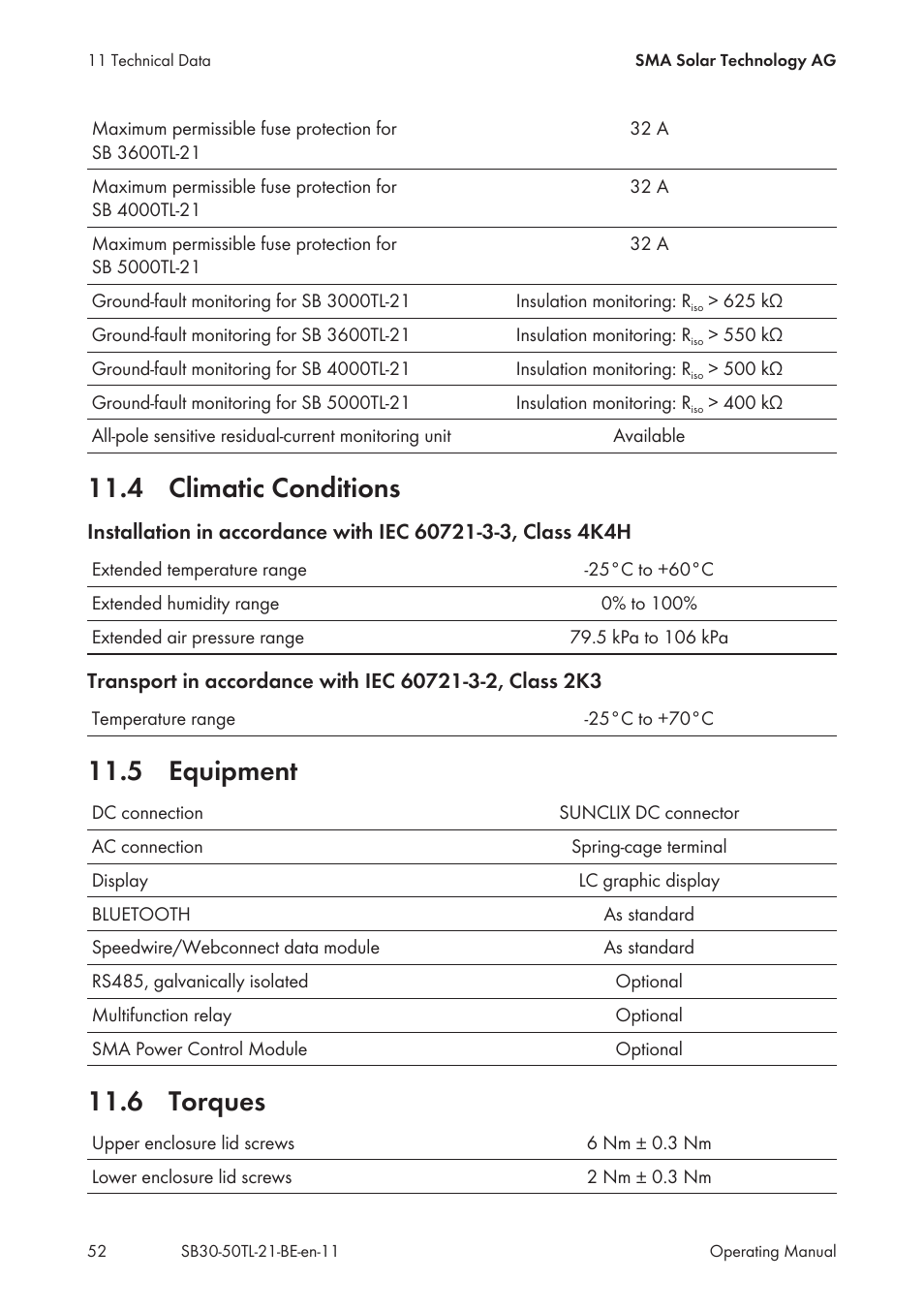 4 climatic conditions, 5 equipment, 6 torques | 4 climatic conditions 11.5 equipment 11.6 torques | SMA SB 3000TL User Manual | Page 52 / 60