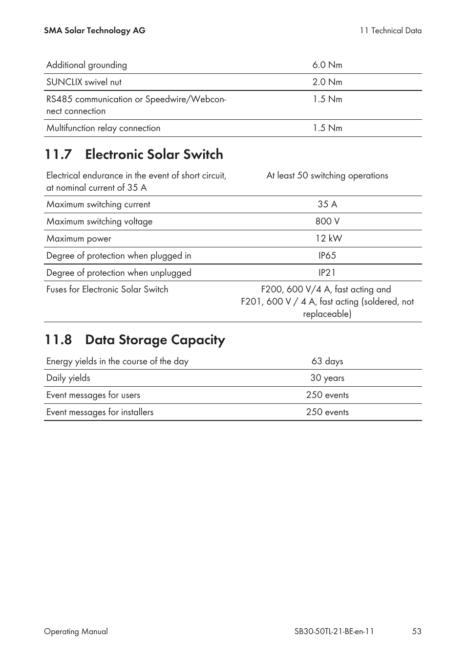 7 electronic solar switch, 8 data storage capacity | SMA SB 3000TL User Manual | Page 53 / 60