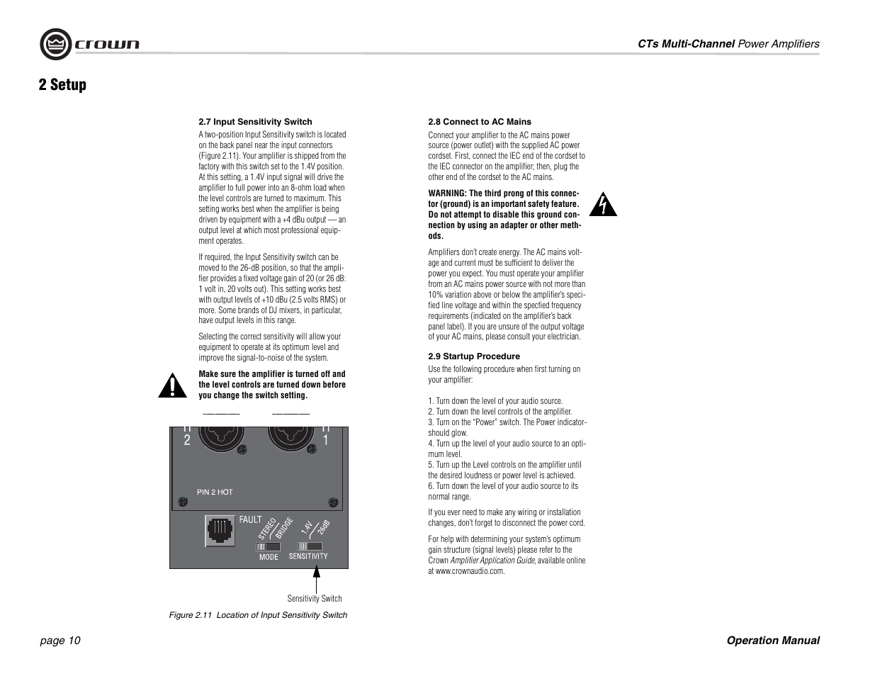 7 input sensitivity switch, 8 connect to ac mains, 9 startup procedure | Figure 2.11 location of input sensitivity switch, 2 setup | Crown Audio CE 2000 User Manual | Page 10 / 28