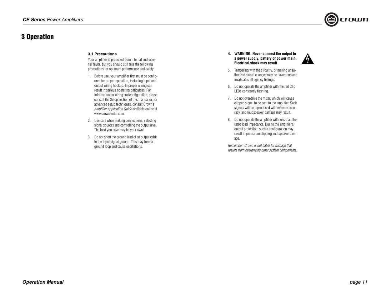 3 operation, 1 precautions | Crown Audio CE 2000 User Manual | Page 11 / 28