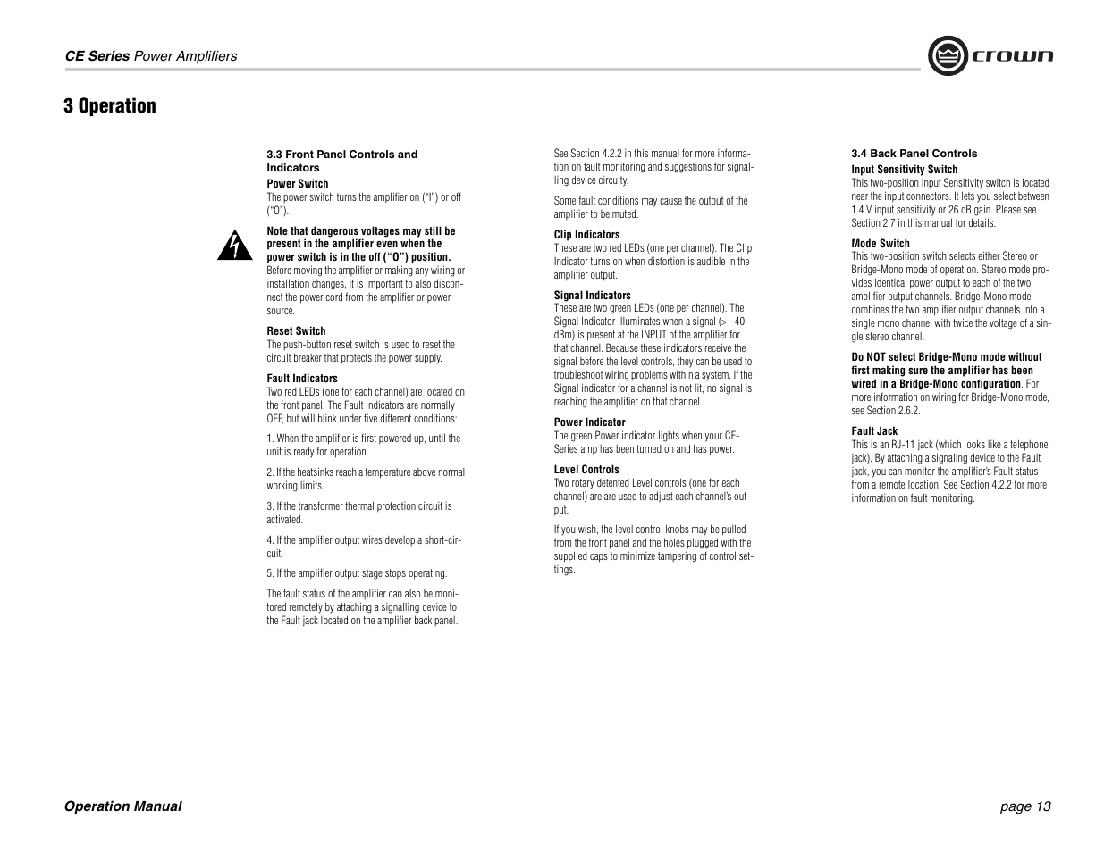 3 front panel controls and indicators, 4 back panel controls, 3 operation | Crown Audio CE 2000 User Manual | Page 13 / 28