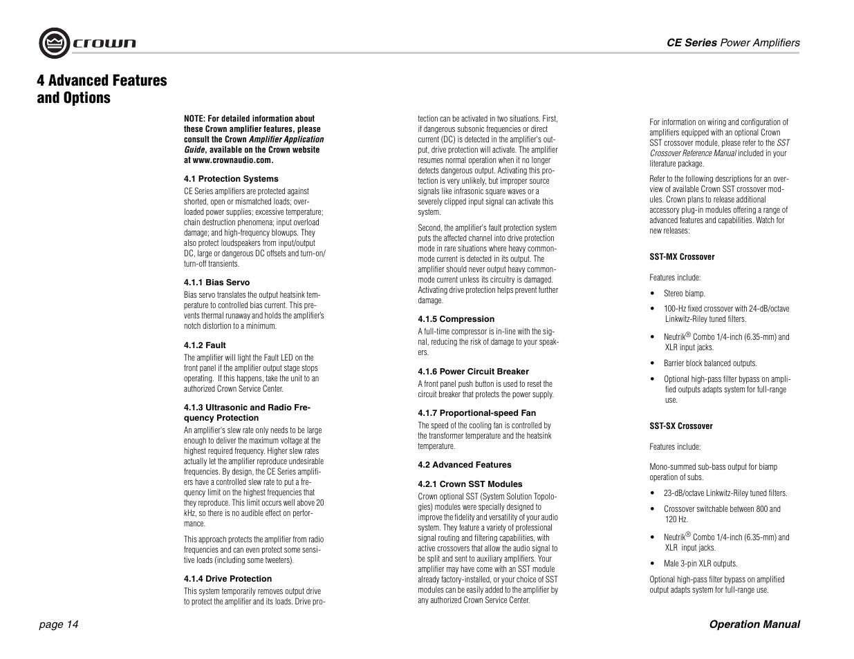 4 advanced features and options, 1 protection systems, 1 bias servo | 2 fault, 3 ultrasonic and radio frequency protection, 4 drive protection, 5 compression, 6 power circuit breaker, 7 proportional-speed fan, 2 advanced features | Crown Audio CE 2000 User Manual | Page 14 / 28