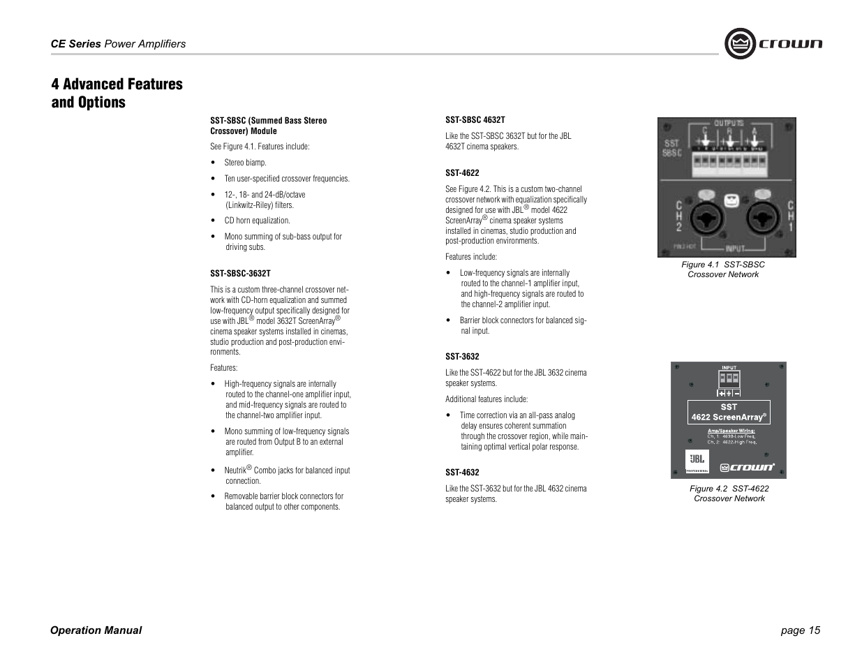 Figure 4.1 sst-sbsc crossover network, Figure 4.2 sst-4622 crossover network, 4 advanced features and options | Crown Audio CE 2000 User Manual | Page 15 / 28