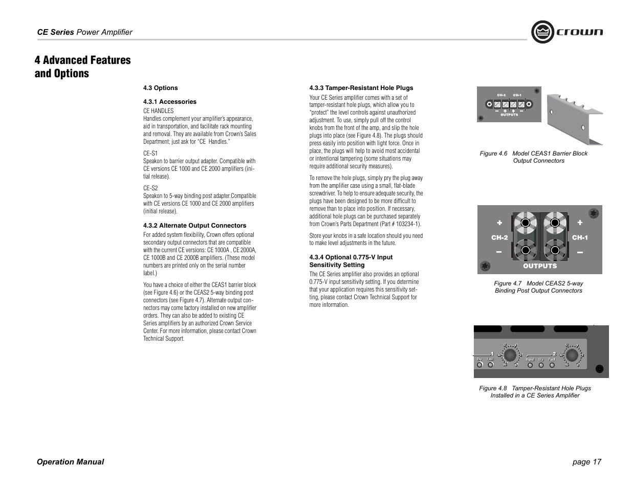 4 advanced features and options, 3 options, 1 accessories | 2 alternate output connectors, 3 tamper-resistant hole plugs, 4 optional 0.775-v input sensitivity setting | Crown Audio CE 2000 User Manual | Page 17 / 28