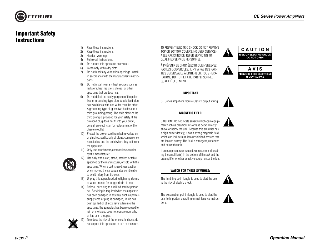 1) read these instructions, 2) keep these instructions, 3) heed all warnings | 4) follow all instructions, 5) do not use this apparatus near water, 6) clean only with a dry cloth, Important safety instructions | Crown Audio CE 2000 User Manual | Page 2 / 28