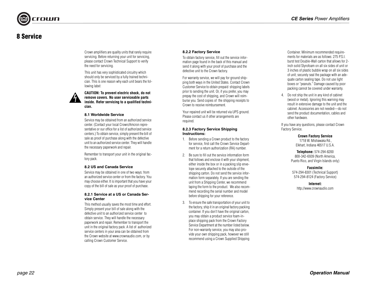 8 service, 1 worldwide service, 2 us and canada service | 1 service at a us or canada service center, 2 factory service, 3 factory service shipping instructions | Crown Audio CE 2000 User Manual | Page 22 / 28