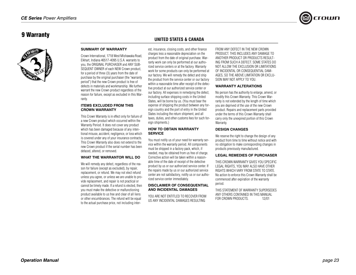 9 warranty | Crown Audio CE 2000 User Manual | Page 23 / 28