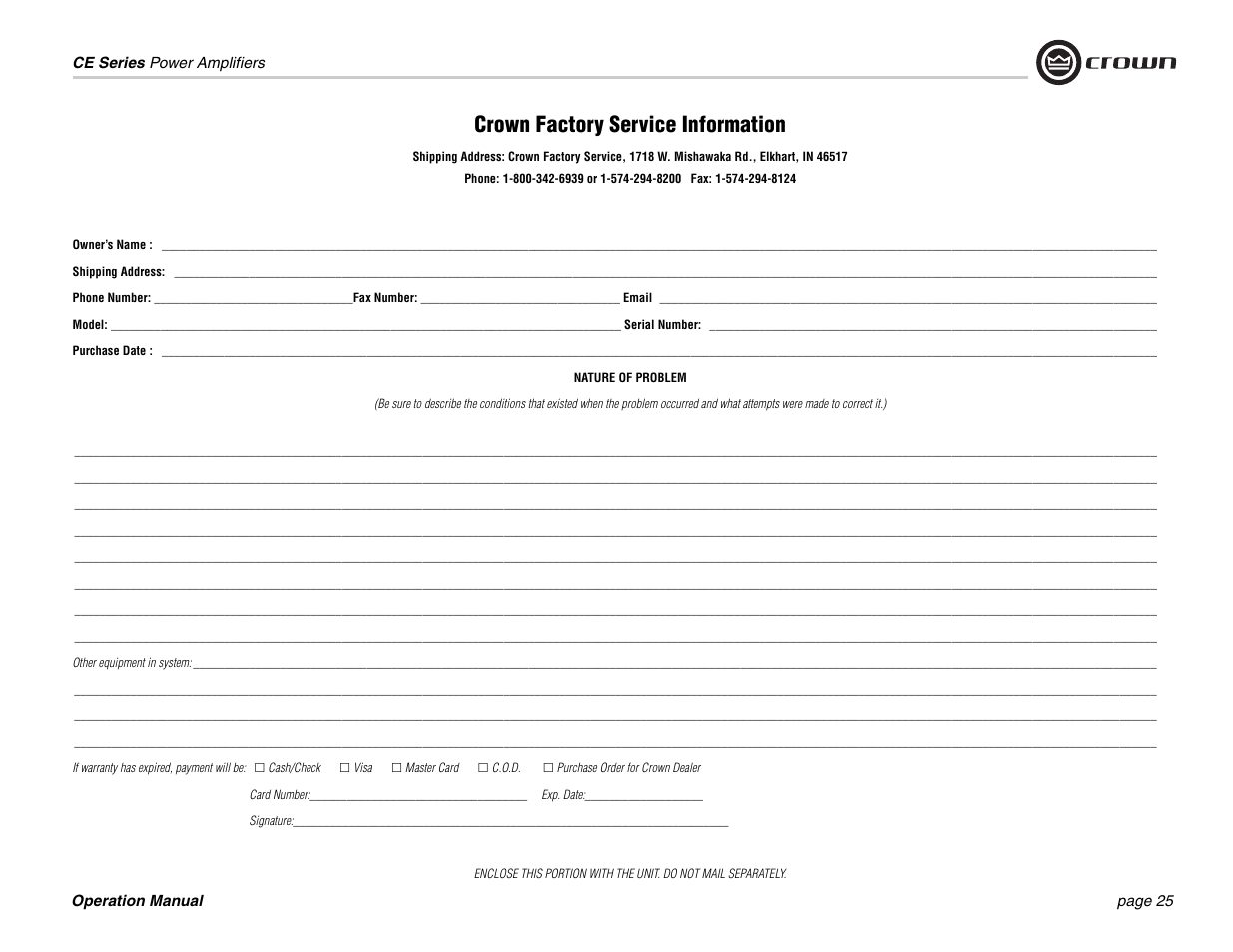 Owner’s name, Shipping address, Purchase date | Nature of problem, Other equipment in system, Signature, Crown factory service information | Crown Audio CE 2000 User Manual | Page 25 / 28