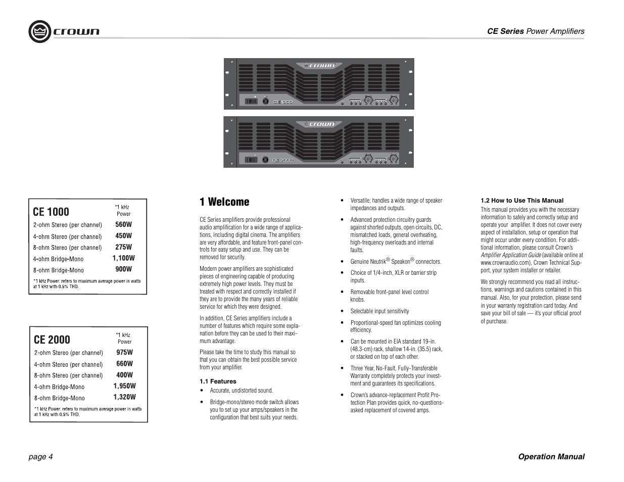 1 welcome, 1 features, 2 how to use this manual | Crown Audio CE 2000 User Manual | Page 4 / 28