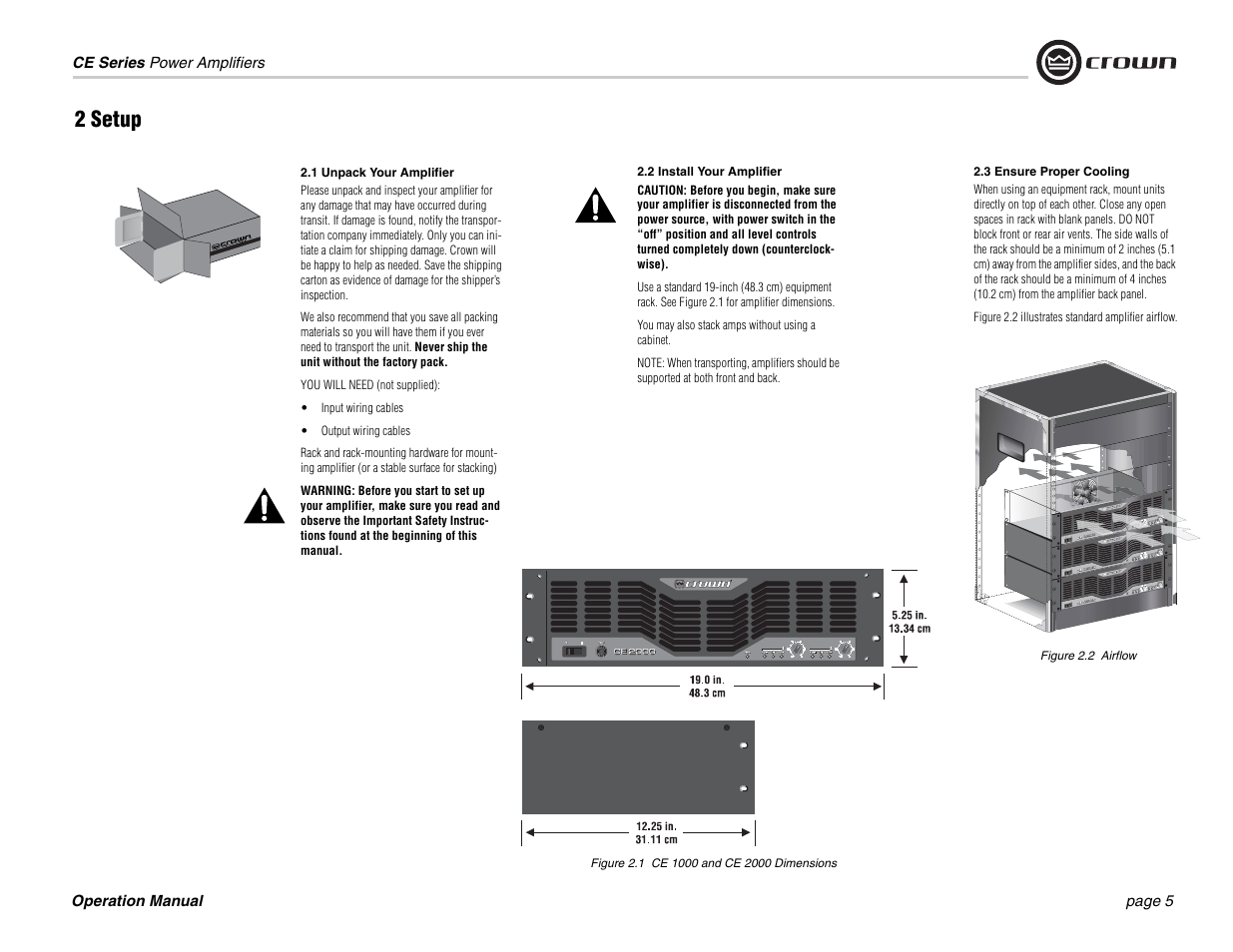 2 setup, 1 unpack your amplifier, 2 install your amplifier | 3 ensure proper cooling, Figure 2.1 ce 1000 and ce 2000 dimensions, Figure 2.2 airflow | Crown Audio CE 2000 User Manual | Page 5 / 28