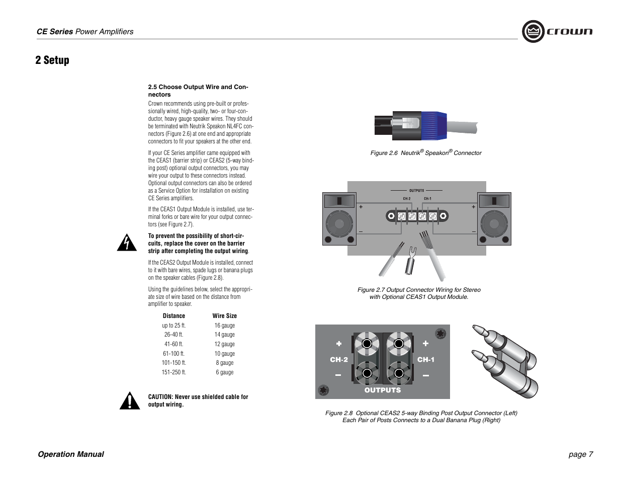 5 choose output wire and connectors, Distance, Wire size | Up to 25 ft, 16 gauge, 40 ft, 14 gauge, 60 ft, 12 gauge, 100 ft | Crown Audio CE 2000 User Manual | Page 7 / 28