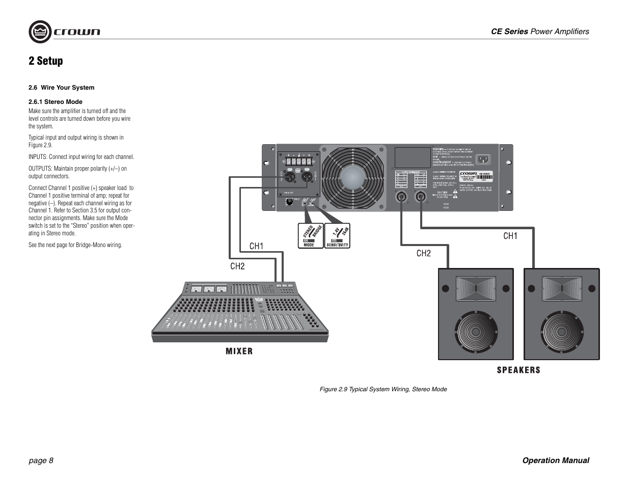6 wire your system, 1 stereo mode, Figure 2.9 typical system wiring, stereo mode | 2 setup | Crown Audio CE 2000 User Manual | Page 8 / 28