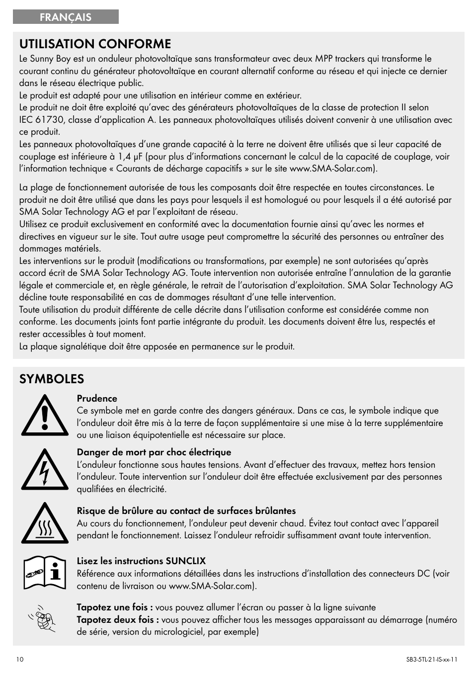 Utilisation conforme, Symboles | SMA SB 3000TL Quick Installation Guide User Manual | Page 10 / 32