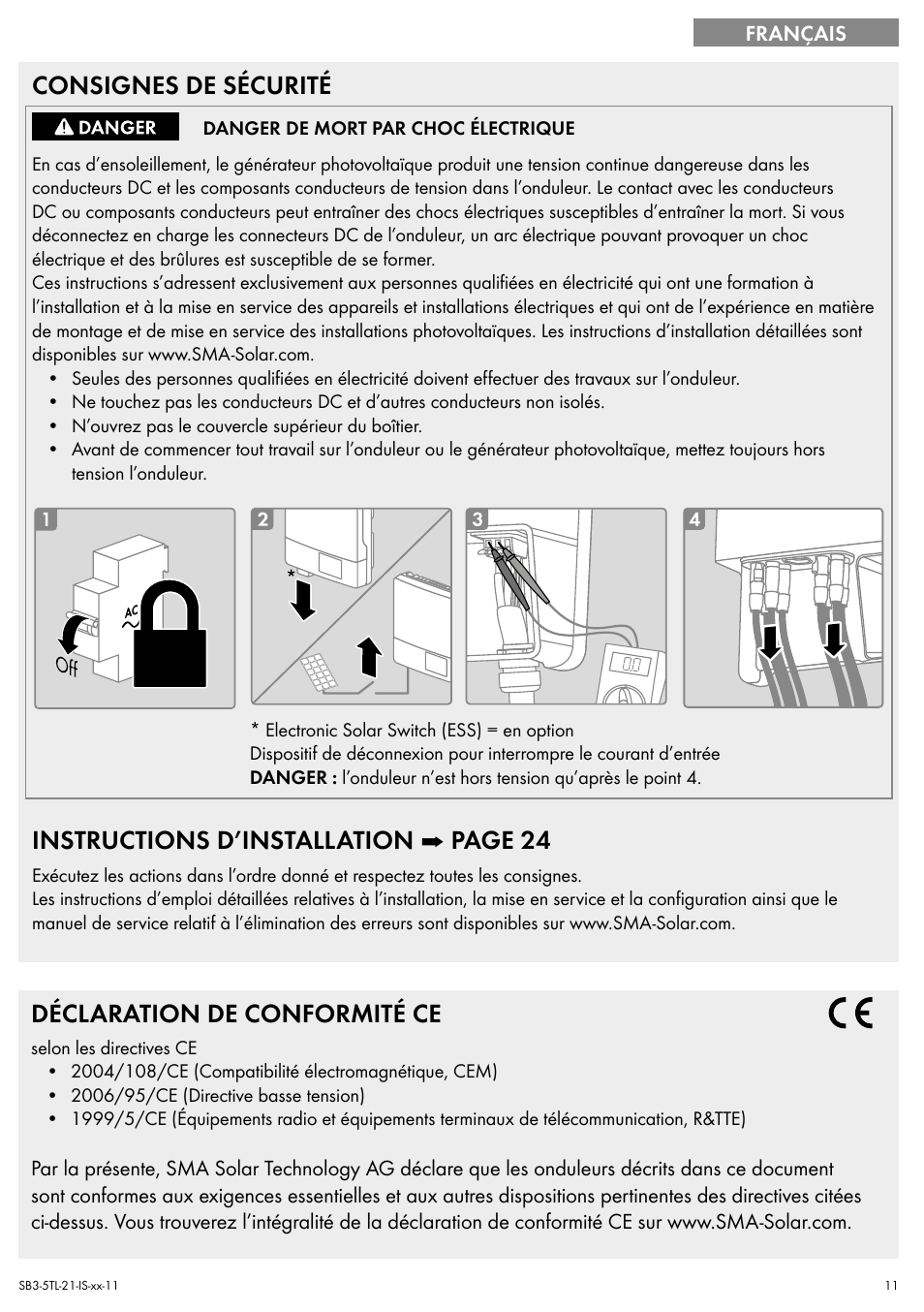 Consignes de sécurité, Instructions d’installation ➡ page 24, Déclaration de conformité ce | SMA SB 3000TL Quick Installation Guide User Manual | Page 11 / 32