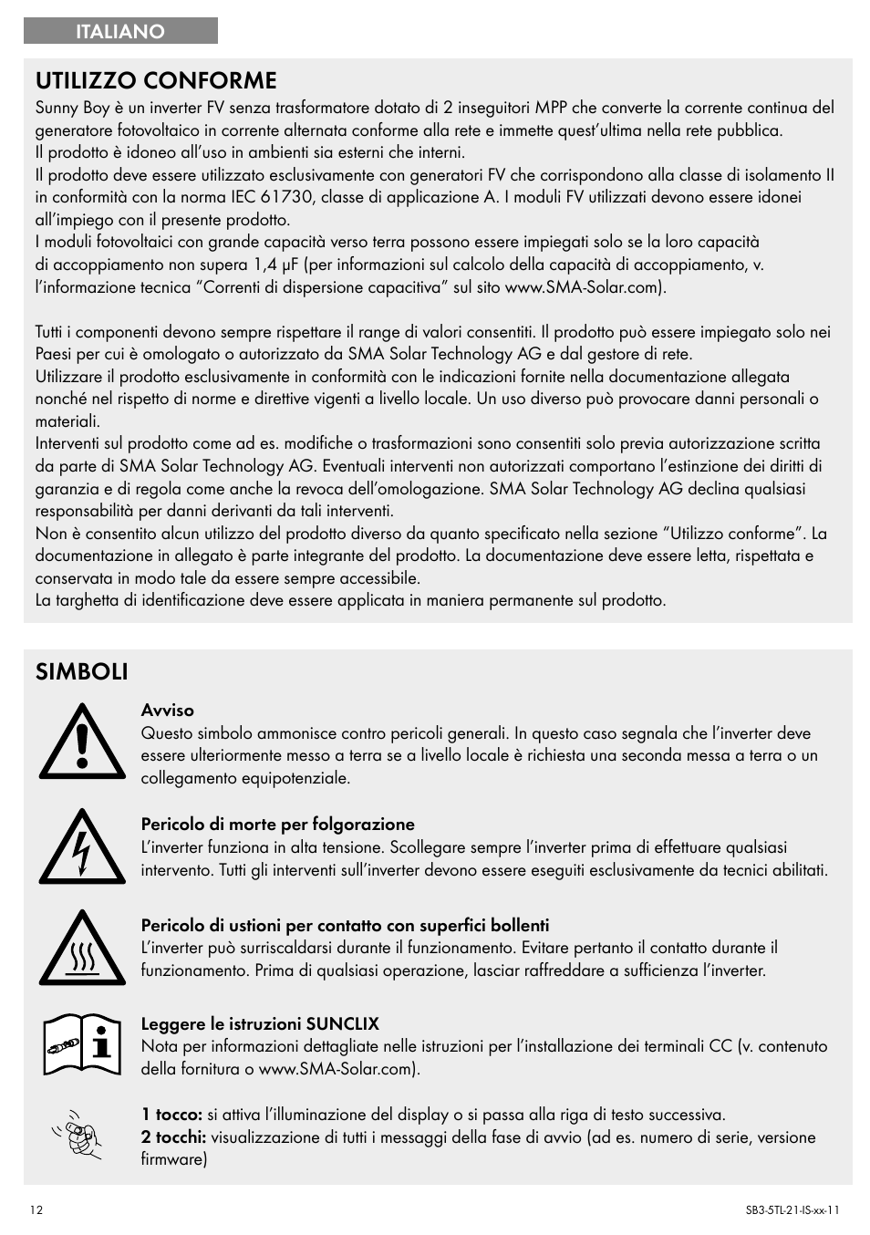 Utilizzo conforme, Simboli | SMA SB 3000TL Quick Installation Guide User Manual | Page 12 / 32